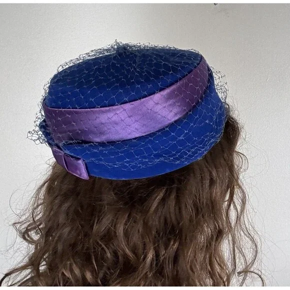 VTG 50s Pillbox Millinary Veiled Netting Hat Headpiece Blue Velvet Mod - Picture 10 of 12